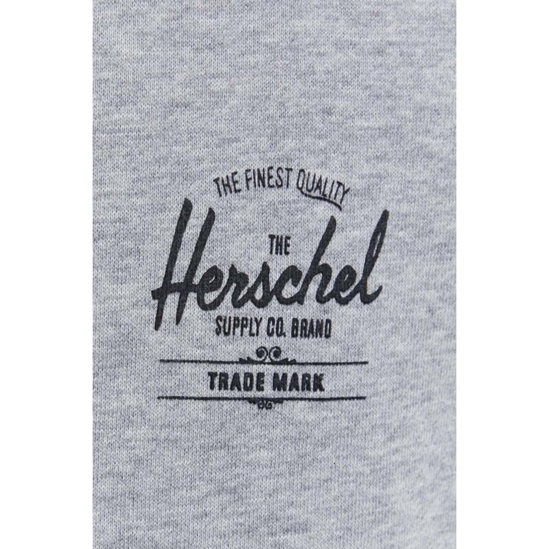 Bavlněná mikina Herschel pánská, šedá barva, s kapucí, s potiskem