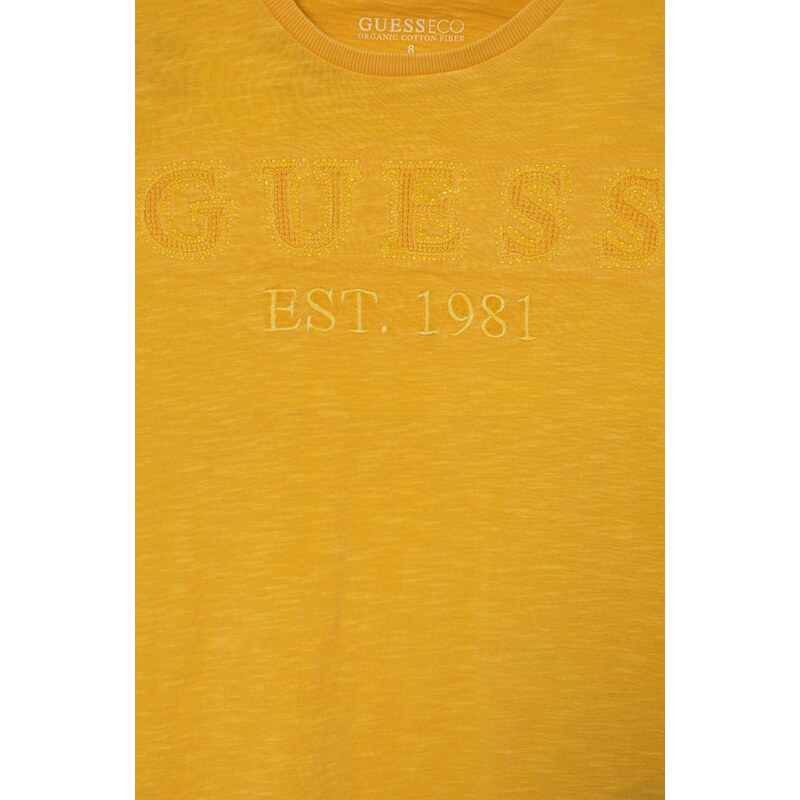 Dětské bavlněné tričko Guess žlutá barva, s aplikací