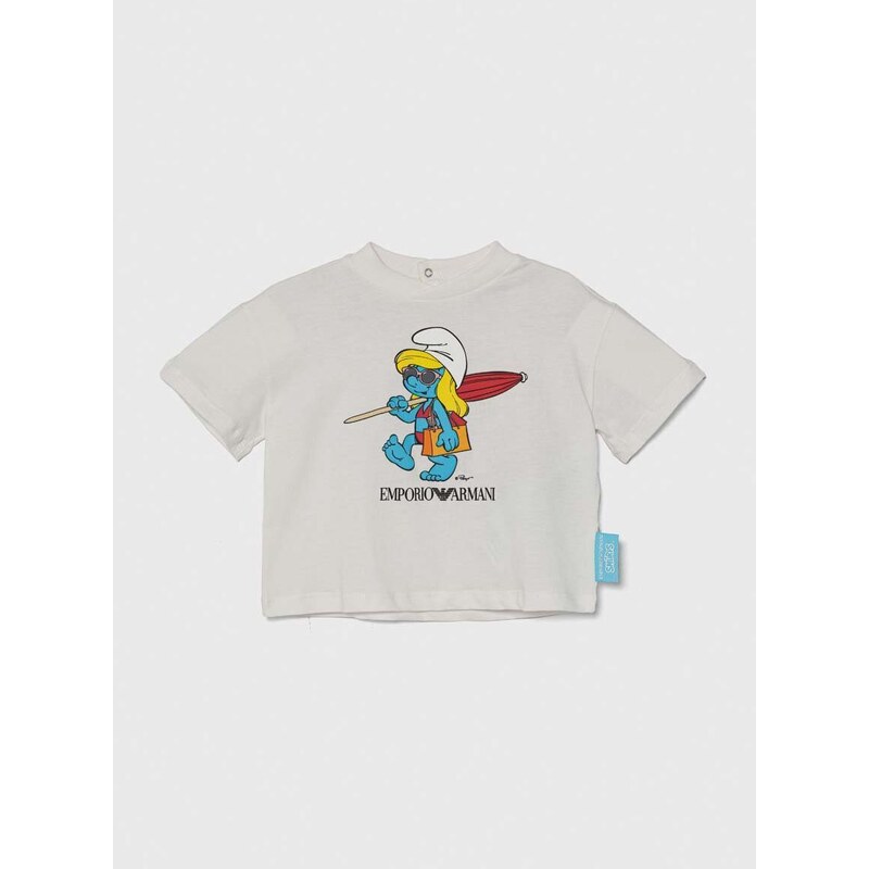 Bavlněné dětské tričko Emporio Armani x The Smurfs bílá barva, s potiskem