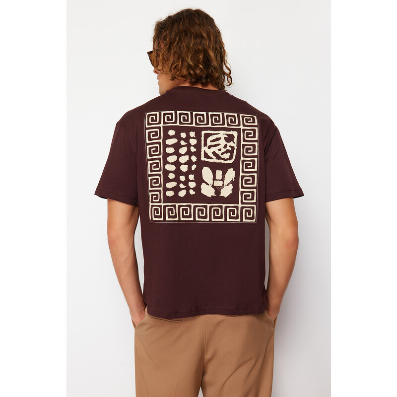 Trendyol Brown Relaxed Cut Back Patch Detail Printed 100% Cotton T-shirt