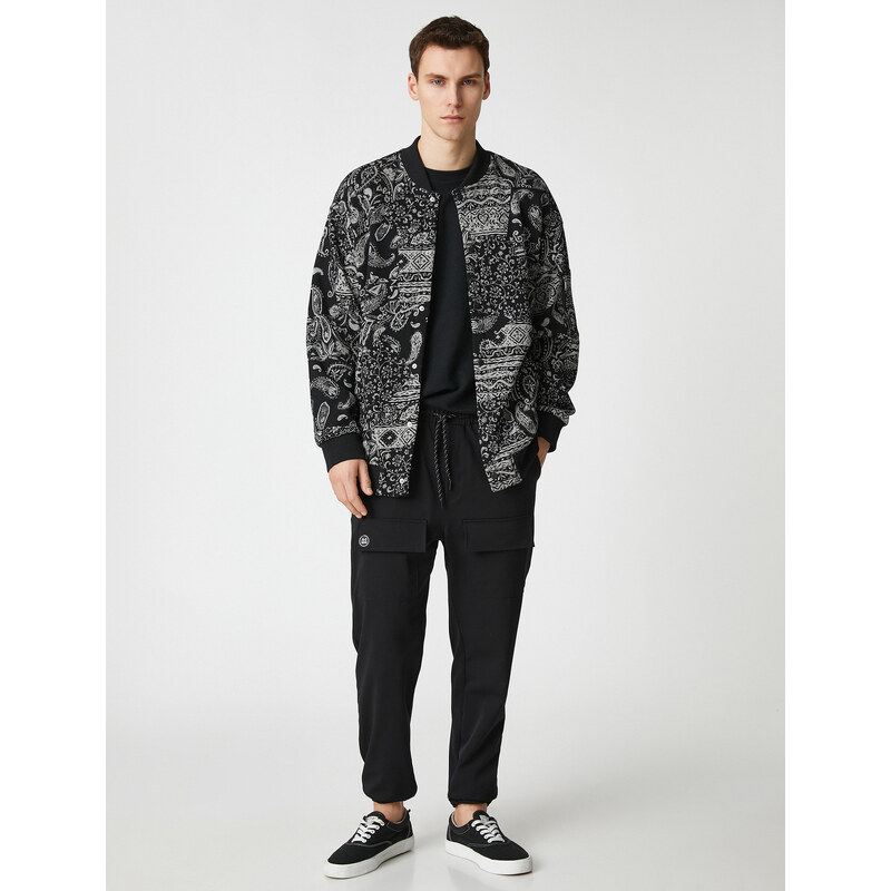 Koton Bomber Jacket with Snap Buttons, Shawl Pattern, Zipper Detail