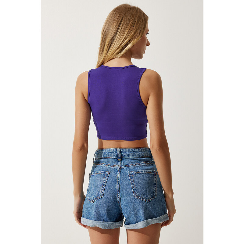 Happiness İstanbul Women's Purple Barbell Neck Crop Knitted Blouse