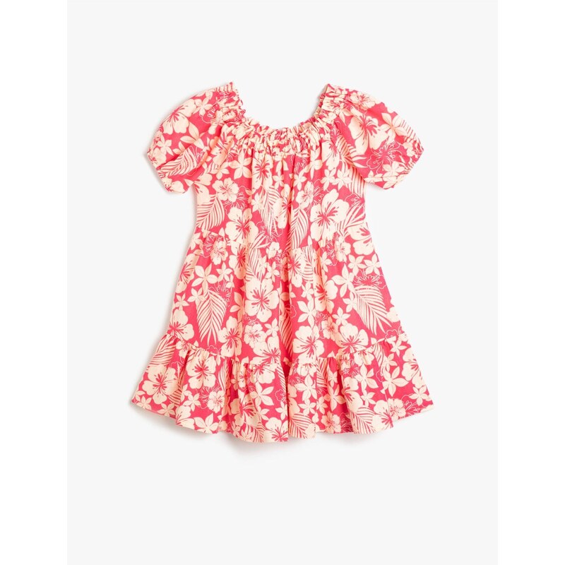 Koton Floral Linen Dress with Balloon Sleeves Tiered