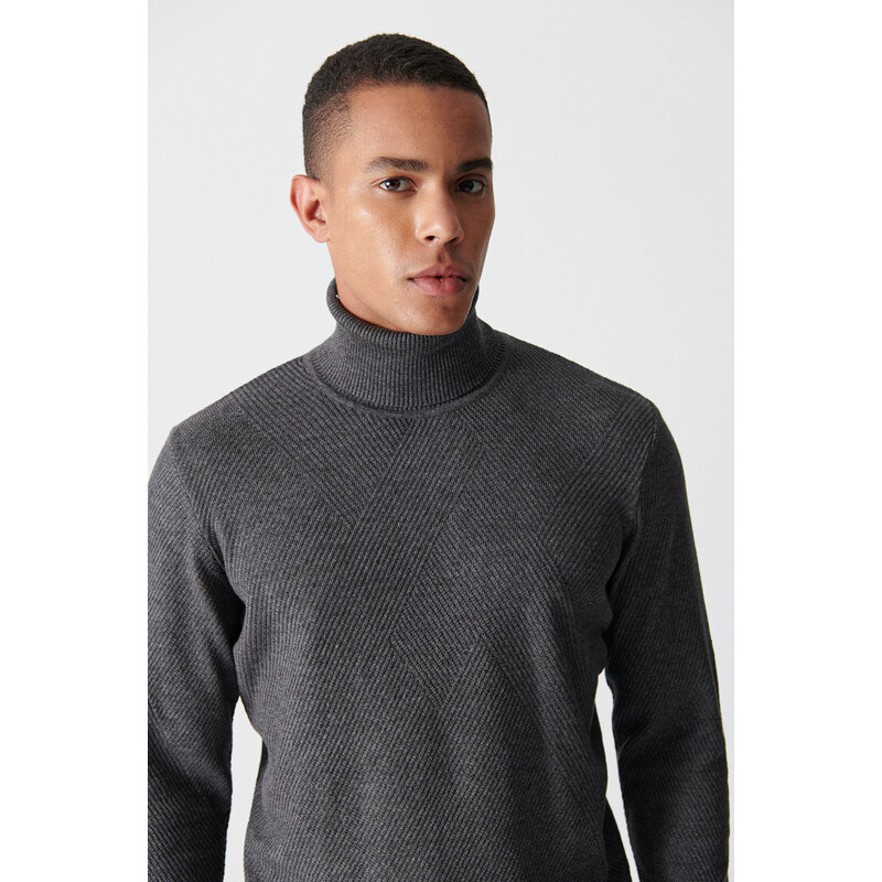 Avva Men's Anthracite Turtleneck Jacquard Sweater