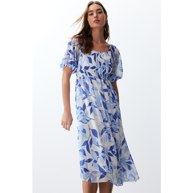 Trendyol Blue Floral Skater Chiffon Maxi Woven Dress