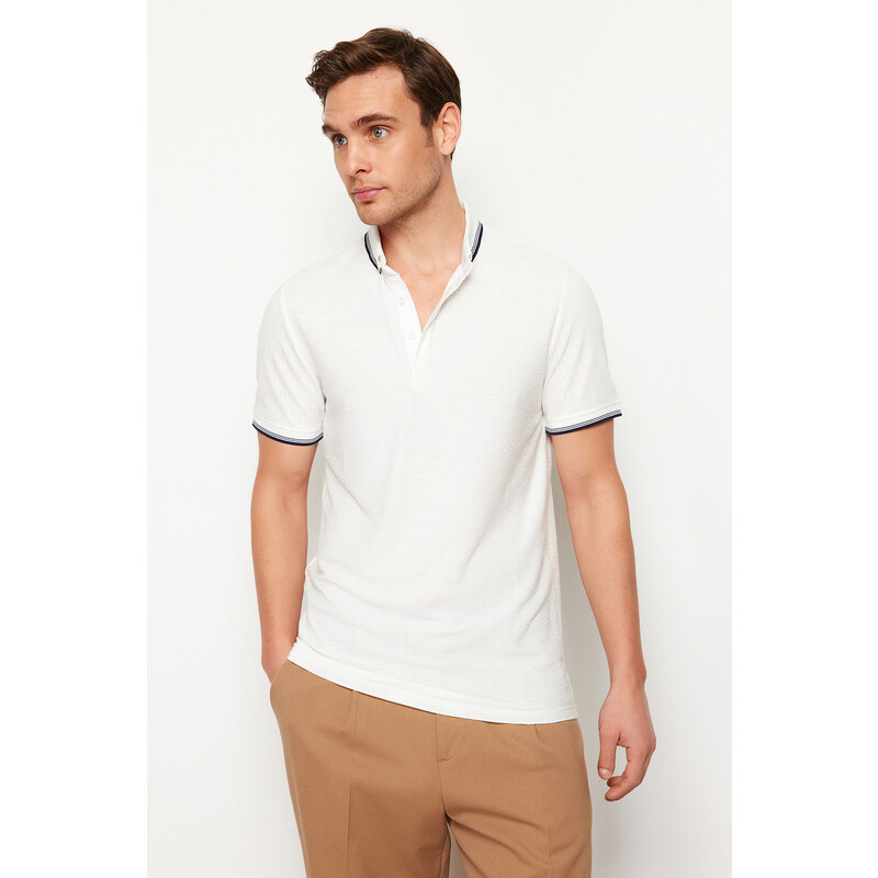 Trendyol White Regular/Normal Fit Color Block Textured Polo Neck T-shirt