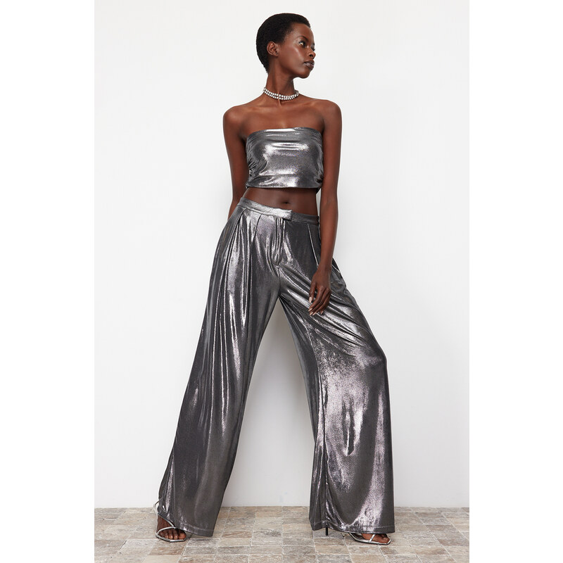 Trendyol Anthracite Wide Leg Knitted Glitter Trousers