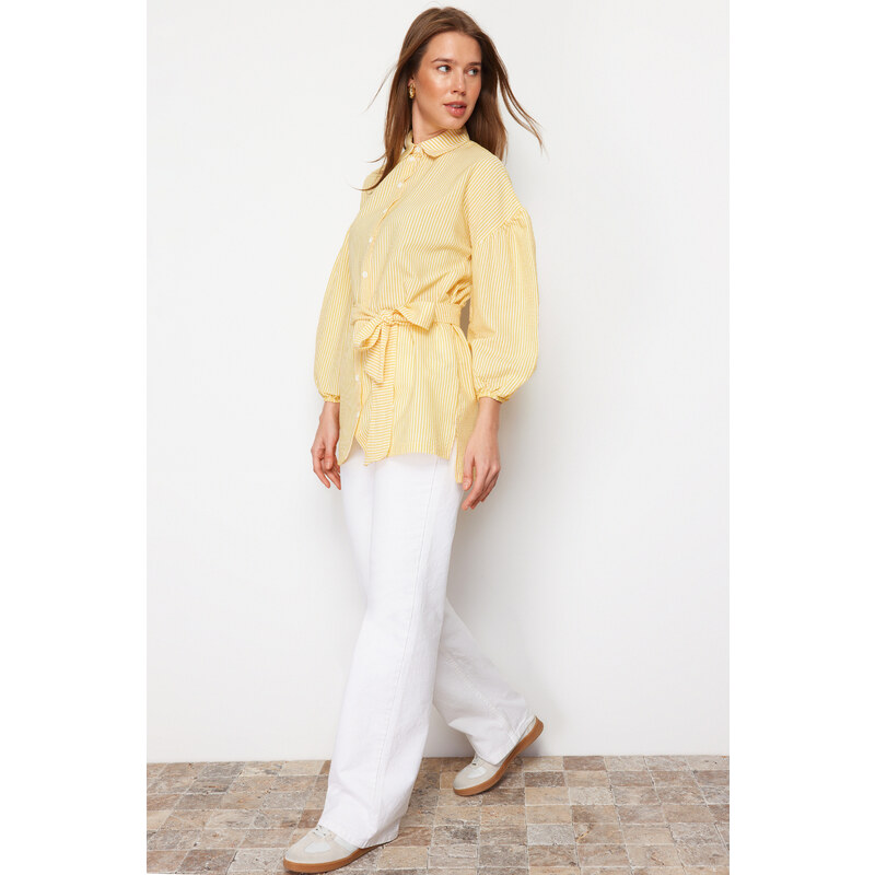 Trendyol Yellow Striped Belted Balloon Back of the Sleeves Long Woven Shirt