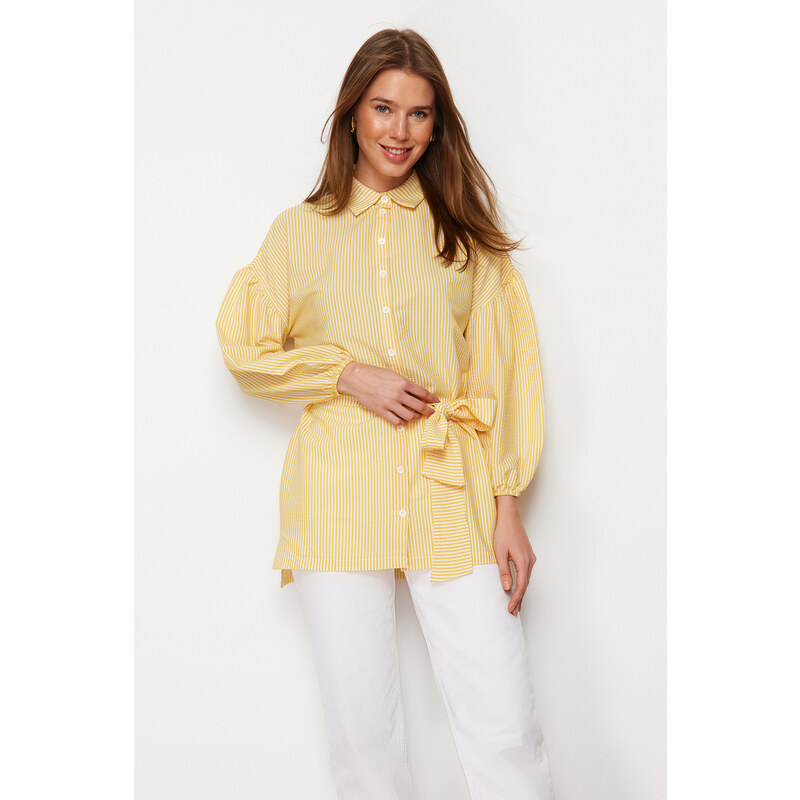 Trendyol Yellow Striped Belted Balloon Back of the Sleeves Long Woven Shirt