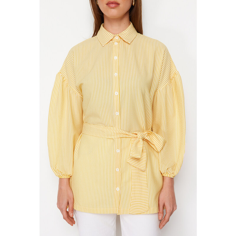 Trendyol Yellow Striped Belted Balloon Back of the Sleeves Long Woven Shirt