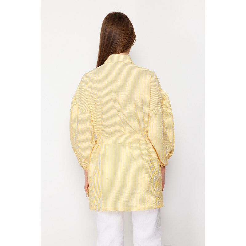 Trendyol Yellow Striped Belted Balloon Back of the Sleeves Long Woven Shirt