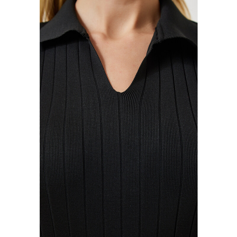 Happiness İstanbul Women's Black Polo Neck Ribbed Knitwear Dress