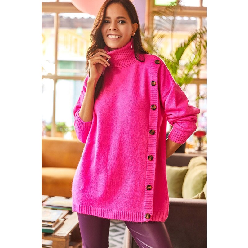 Olalook Women's Fuchsia Soft Textured Oversized Sweater with Side Buttons