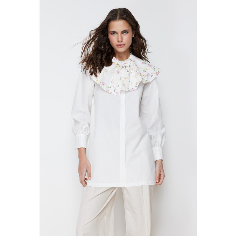 Trendyol Ecru Large Embroidered Baby Collar Cotton Woven Shirt