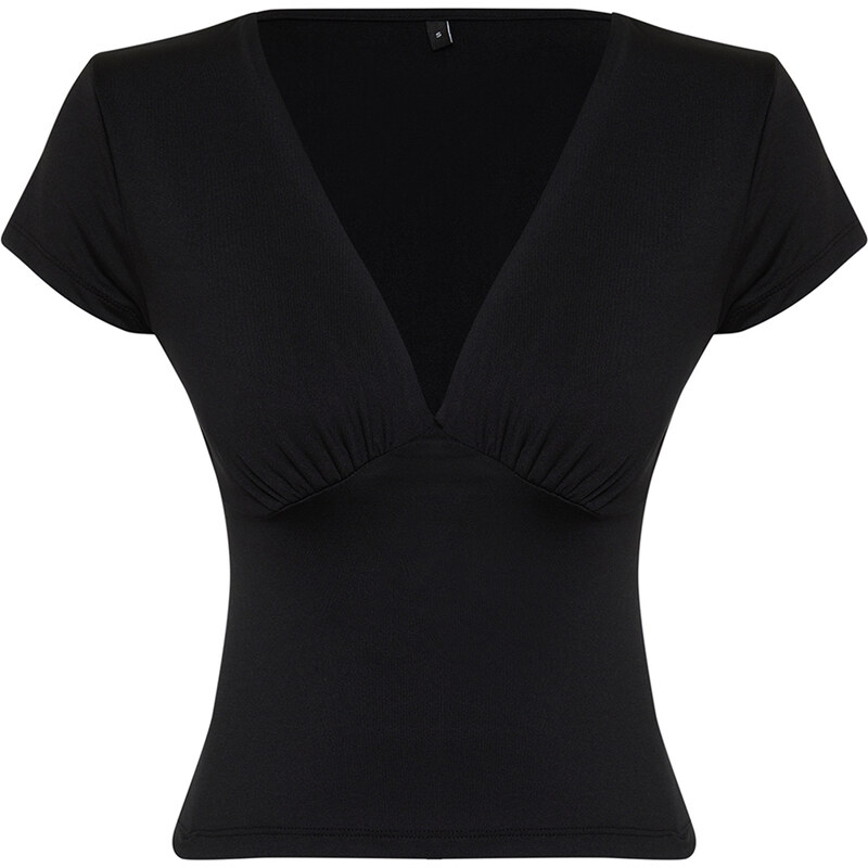 Trendyol Black Deep V-Neck Fitted Short Sleeve Stretchy Knitted Blouse