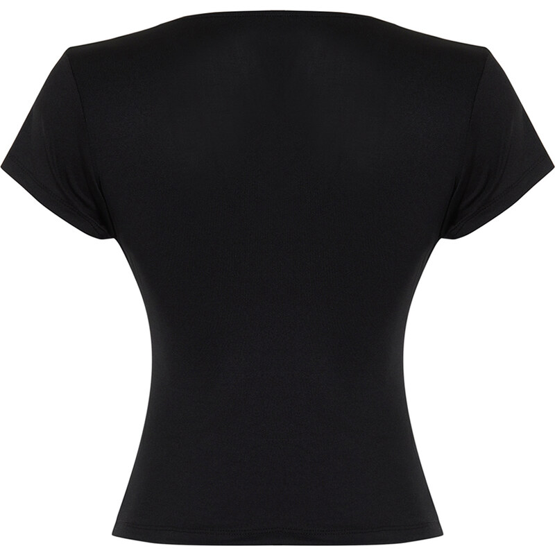 Trendyol Black Deep V-Neck Fitted Short Sleeve Stretchy Knitted Blouse
