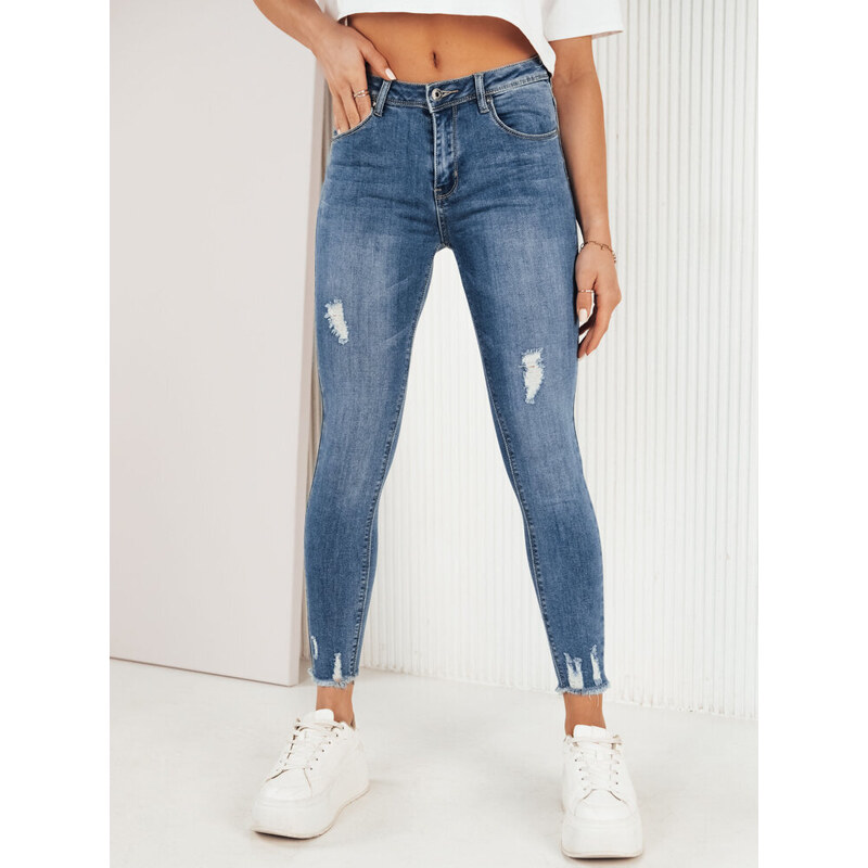 BASIC MODRÉ SKINNY DŽÍNY S ODĚRKAMI VERDI Denim vzor