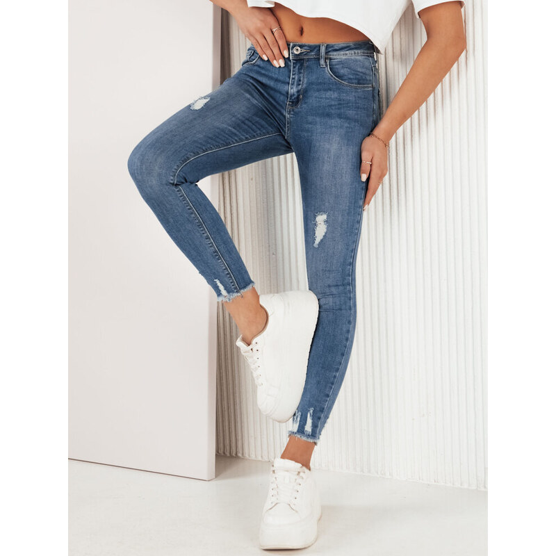 BASIC MODRÉ SKINNY DŽÍNY S ODĚRKAMI VERDI Denim vzor