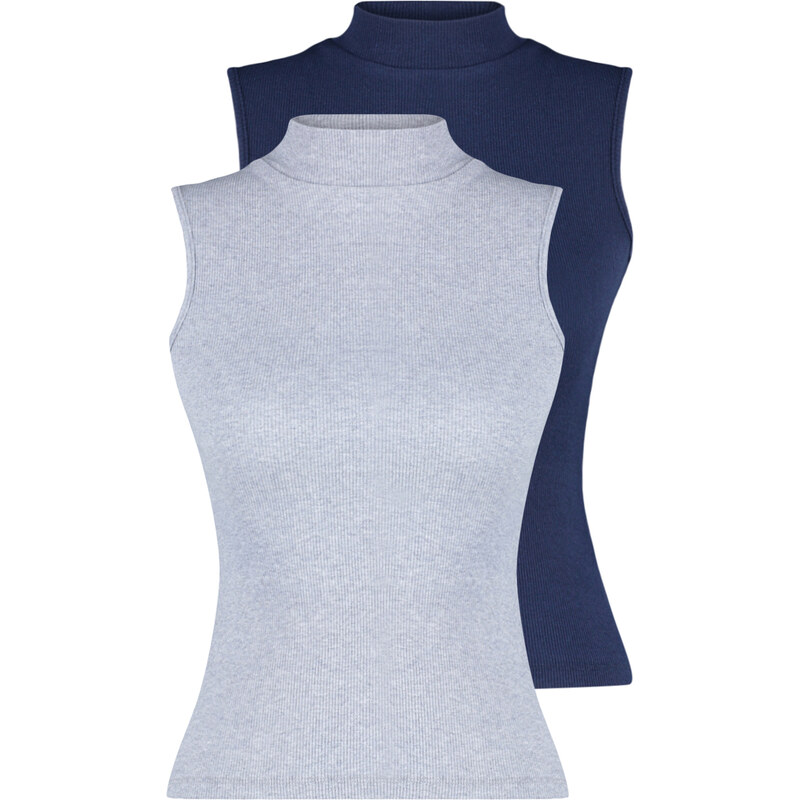 Trendyol Navy Blue-Grey Melange 2-Pack Fitted Ribbed Stretch Knit Blouse