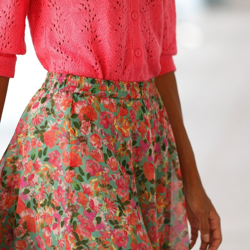 Blancheporte Rozšířená krátká sukně s potiskem květin zelená/růžová 50