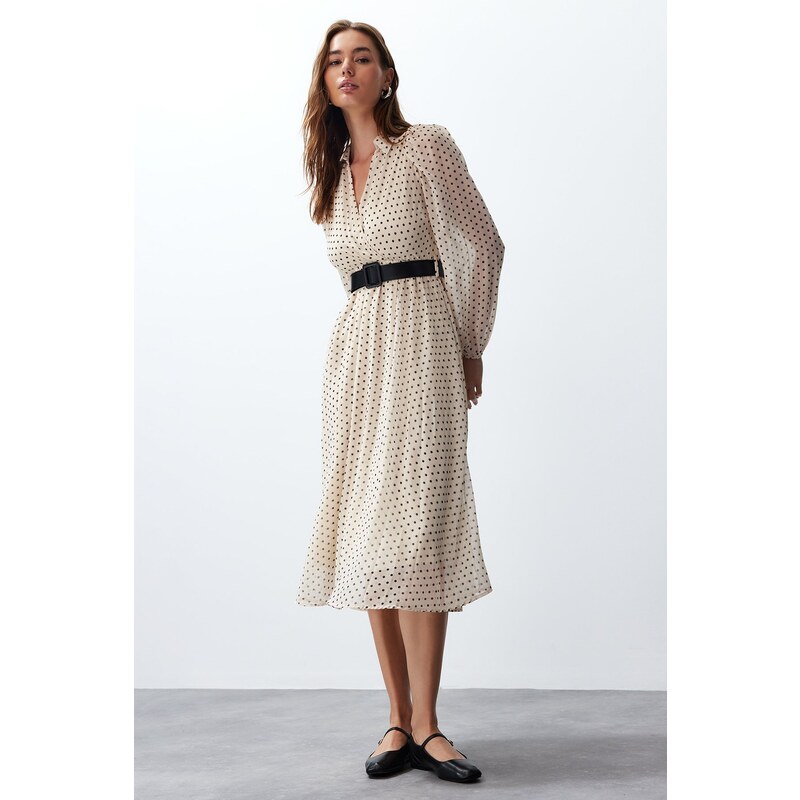 Trendyol Beige Belted Polka Dot Chiffon Lined Midi Woven Dress