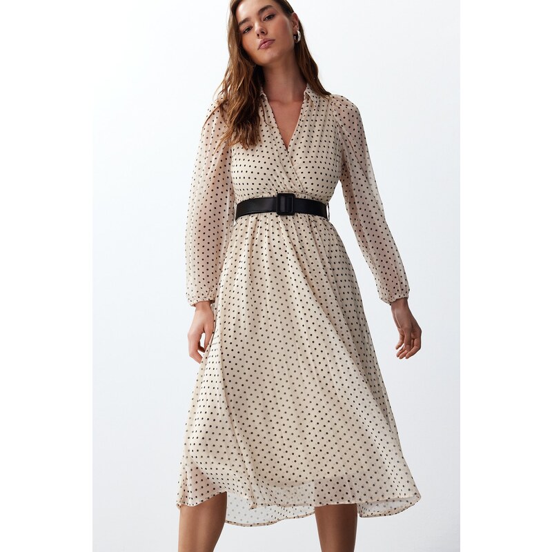 Trendyol Beige Belted Polka Dot Chiffon Lined Midi Woven Dress