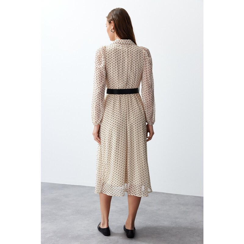 Trendyol Beige Belted Polka Dot Chiffon Lined Midi Woven Dress