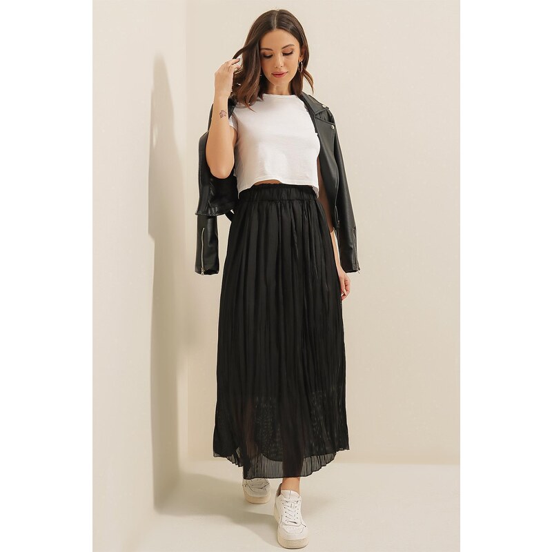 By Saygı Elastic Waist Lined Slim Satin Striped Skirt