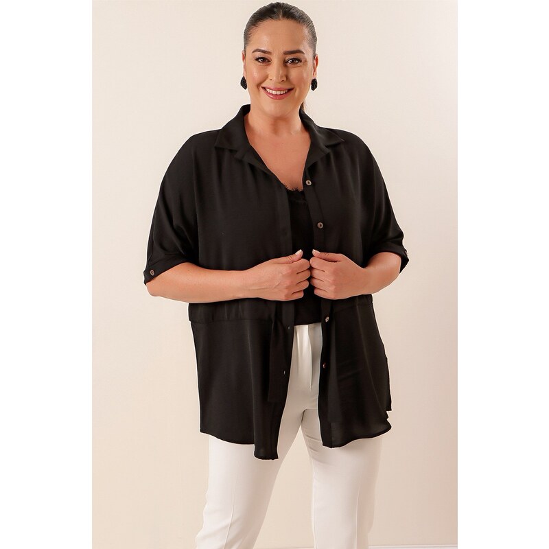 By Saygı Large Size Ayrobin Tunic Shirt with Belted Waist and Buttoned Front