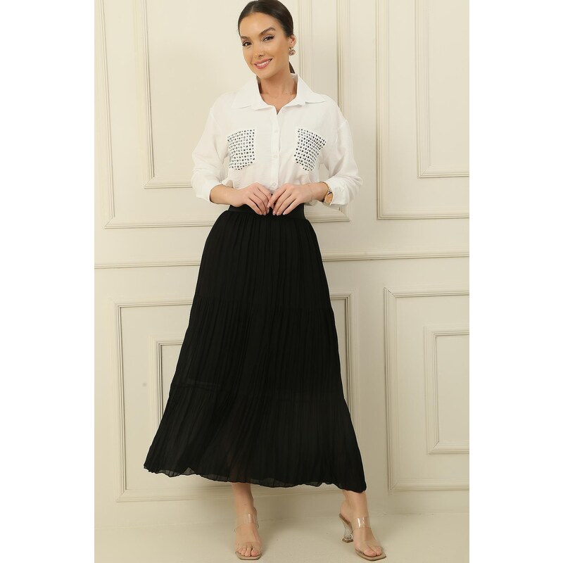 By Saygı Thick Elastic Waist 3 Layer Lined Chiffon Long Skirt