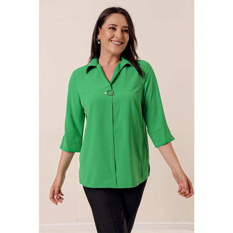 By Saygı Polo Neck Brooch Quarter Sleeve Plus Size Blouse