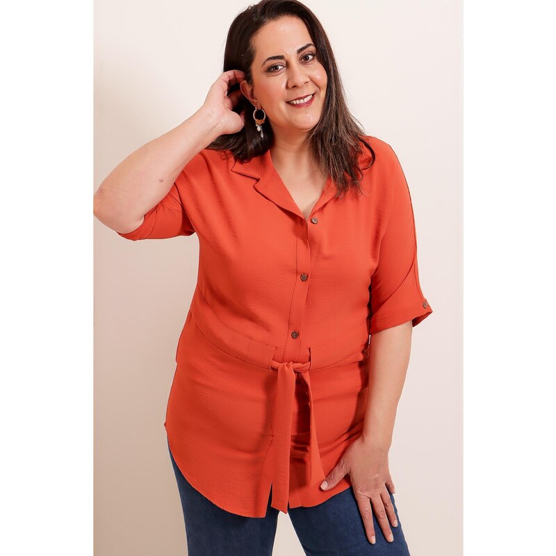 By Saygı Belted Waist and Front Buttoned Plus Size Ayrobin Tunic Shirt
