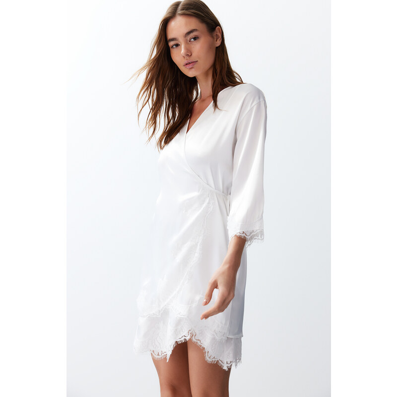 Trendyol Bridal White Satin Lace and Tie Detailed Woven Dressing Gown