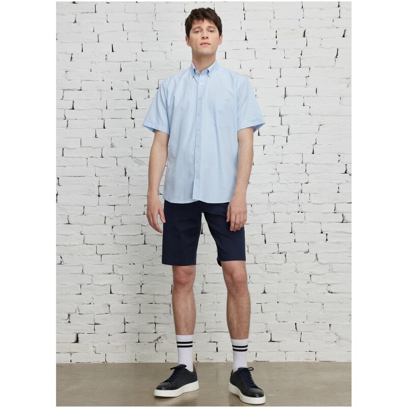 ALTINYILDIZ CLASSICS Men's Light Blue Comfort Fit Comfy Cut Buttoned Collar Check Short Sleeve Shirt.