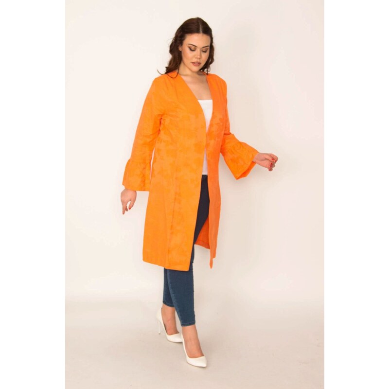 Şans Women's Plus Size Orange Sleeve Detailed Single-Clip Closed Unlined Cape