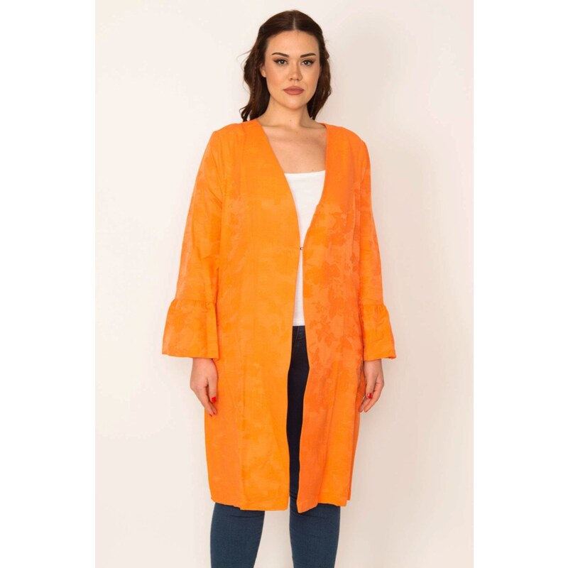 Şans Women's Plus Size Orange Sleeve Detailed Single-Clip Closed Unlined Cape