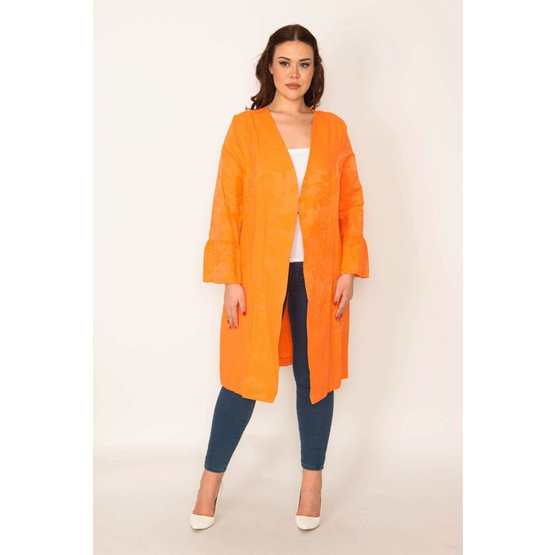 Şans Women's Plus Size Orange Sleeve Detailed Single-Clip Closed Unlined Cape