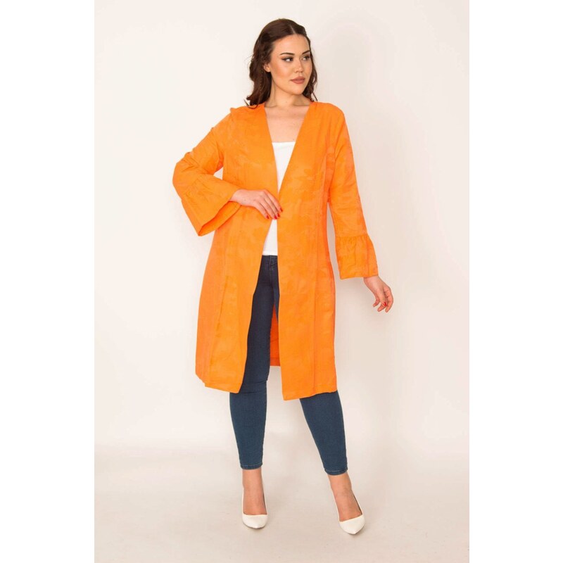 Şans Women's Plus Size Orange Sleeve Detailed Single-Clip Closed Unlined Cape