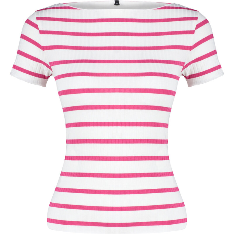 Trendyol Fuchsia Striped Boat Rock Ribbed Stretch Knitted Blouse