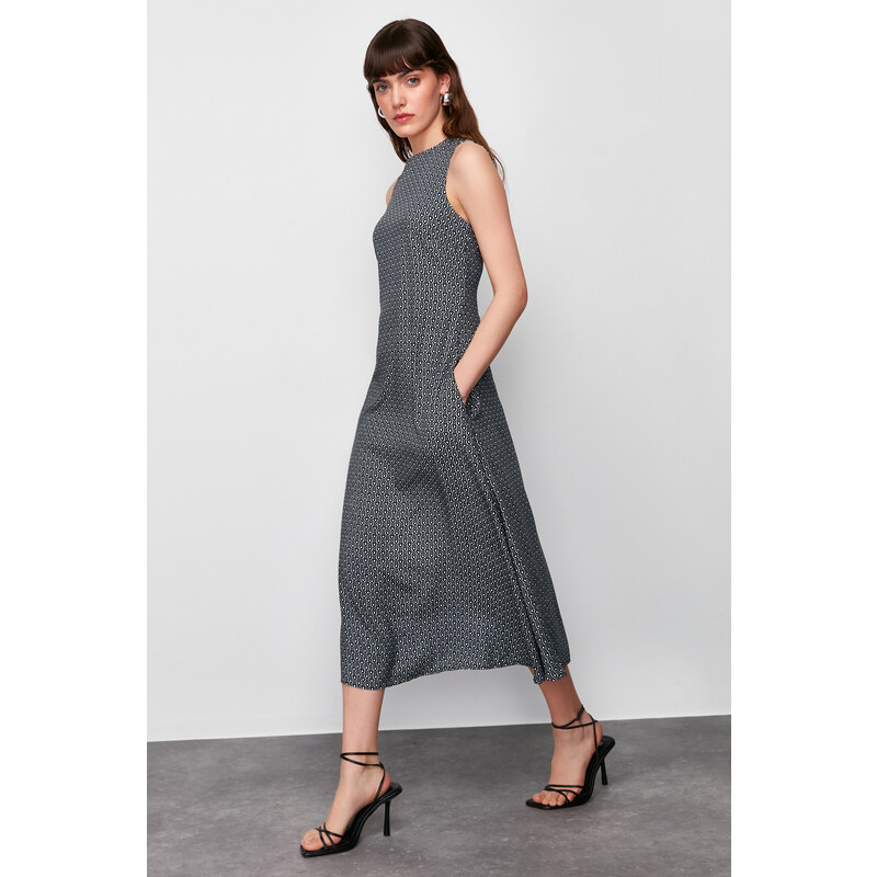 Trendyol Black Straight Cut Geometric Patterned Woven Midi Dress