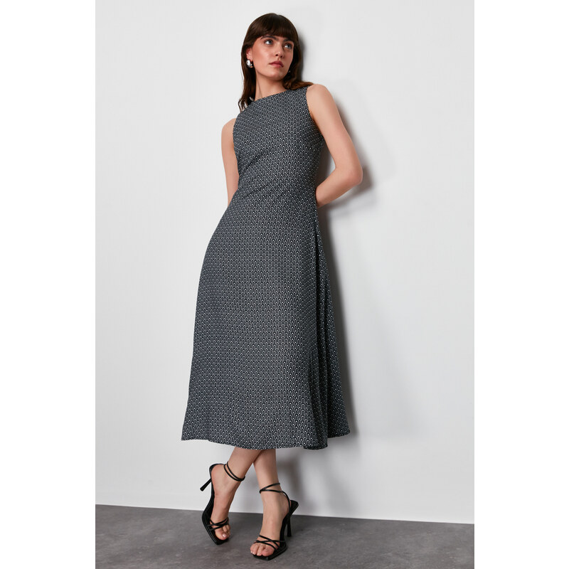 Trendyol Black Straight Cut Geometric Patterned Woven Midi Dress