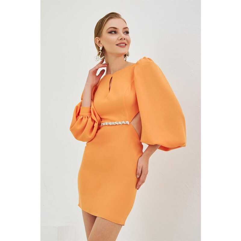 Carmen Orange Crepe Stone Balloon Sleeve Short Evening Dress