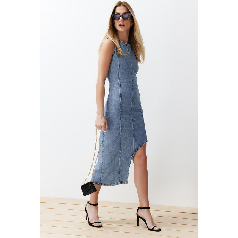 Trendyol Light Blue Slit Asymmetric Denim Maxi Dress