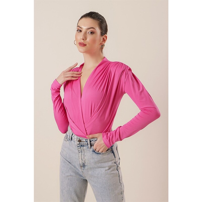 By Saygı Double-breasted Collar Blouse with Pleats and Snap Snap Off the Shoulder Pink