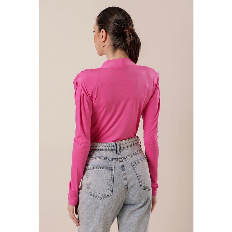 By Saygı Double-breasted Collar Blouse with Pleats and Snap Snap Off the Shoulder Pink