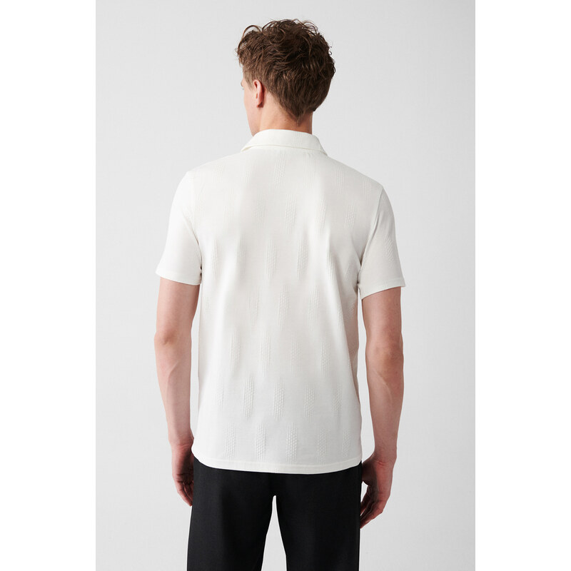 Avva Men's Ecru Jacquard Lycra Regular Fit Polo Neck T-shirt