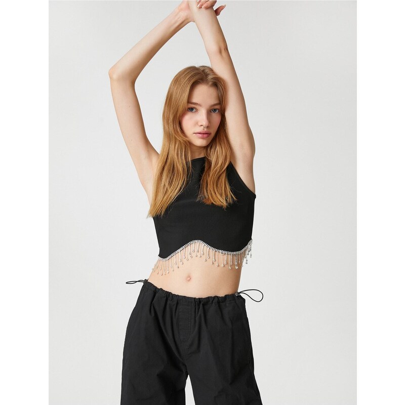 Koton Crop Singlets Loungers with Shiny Stone Detailed Crew Neck.