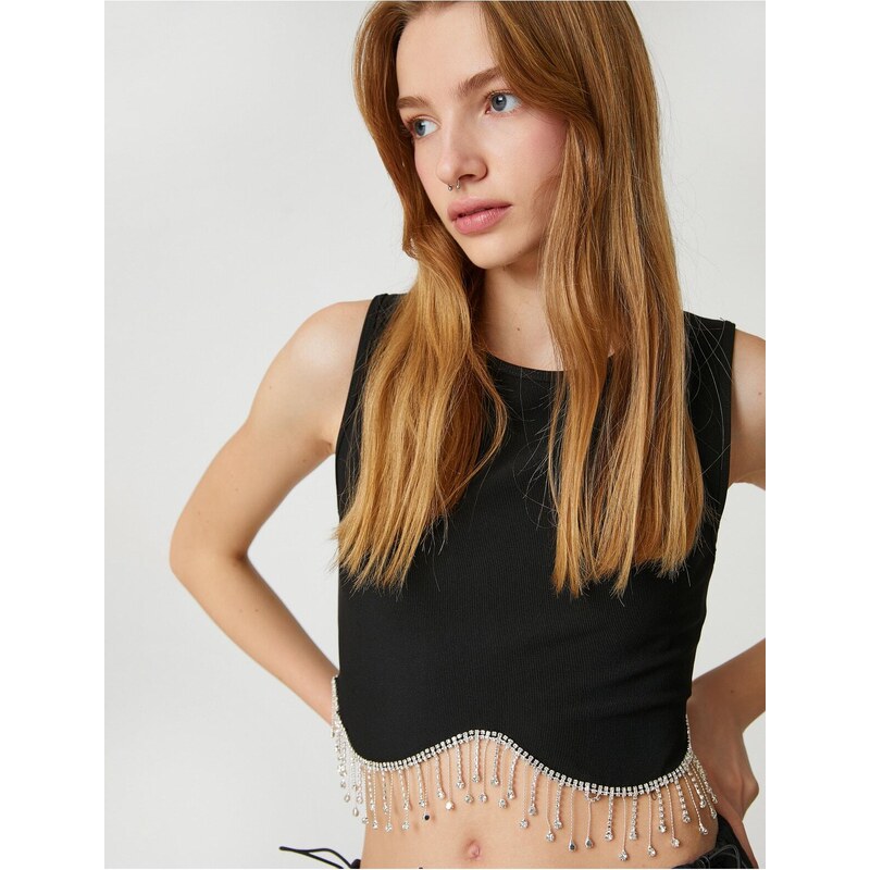 Koton Crop Singlets Loungers with Shiny Stone Detailed Crew Neck.