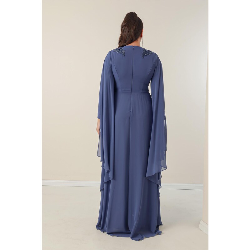 By Saygı Beading Embroidered Shoulders And Waist Pleated Long B.B Chiffon Dress