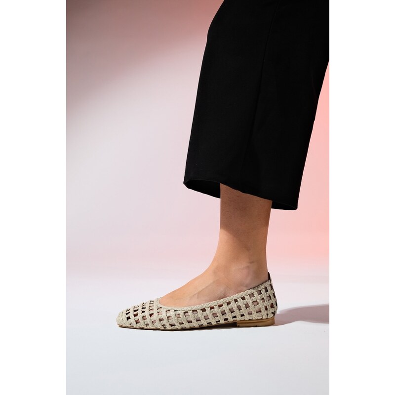 LuviShoes ARCOLA Beige Knitted Patterned Women's Flat Shoes